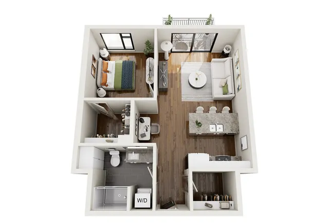 Contemporary 3D floor plan showcasing a cozy 1-bedroom apartment with an open-concept kitchen and living area, elegant bathroom, and chic balcony access.