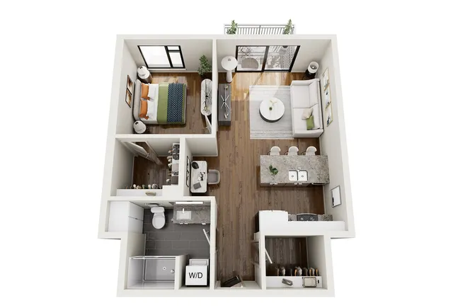 Modern 3D floor plan showcasing an elegant 1-bedroom apartment with an open-concept living area, sleek kitchen with island, and stylish bathroom.