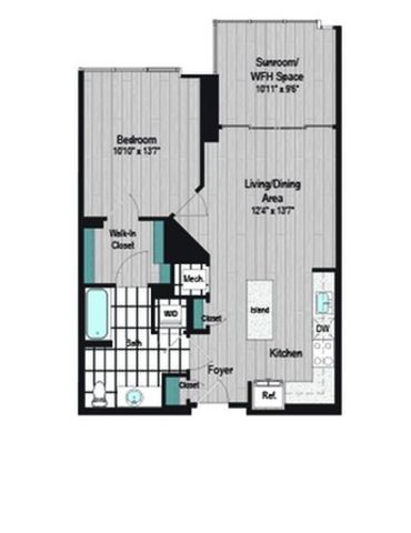 Image of M2 1B-8b Type A Floor Plan | Meridian on First | Navy Yard Apartments | Washington DC Apartments