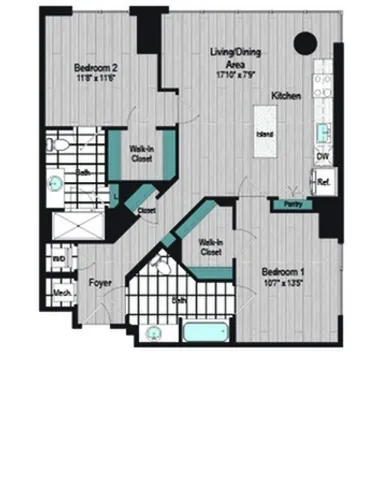 Image of M2 2B-4c Type A Floor Plan | Meridian on First | Navy Yard Apartments | Washington DC Apartments