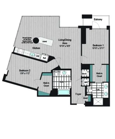 Image of M2 2B-5a Type A Floor Plan | Meridian on First | Navy Yard Apartments | Washington DC Apartments