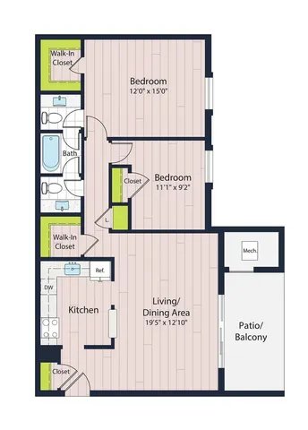 B1-60 Two Bedroom Floor Plan | Creekside Village | Alexandria VA Apartments