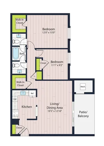 B1-70 Two Bedroom Floor Plan | Creekside Village | Alexandria VA Apartments