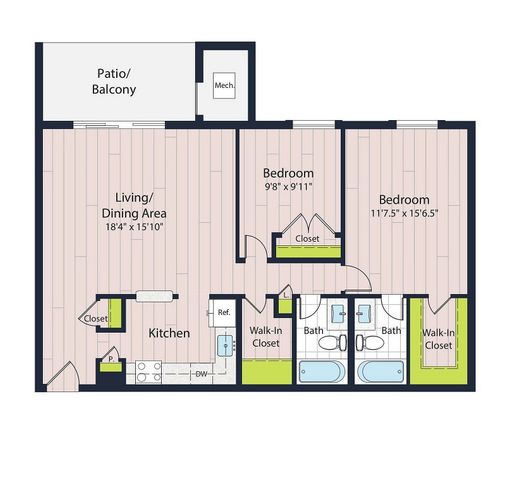 B2-60 Two Bedroom Floor Plan | Creekside Village Apartments | Alexandria VA Apartments