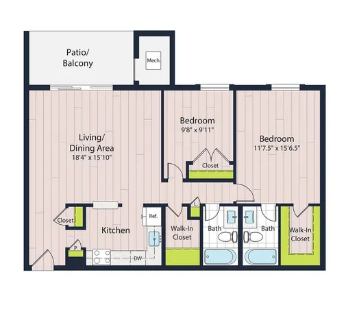B2-70 Two Bedroom Floor Plan | Affordable Alexandria VA Apartments