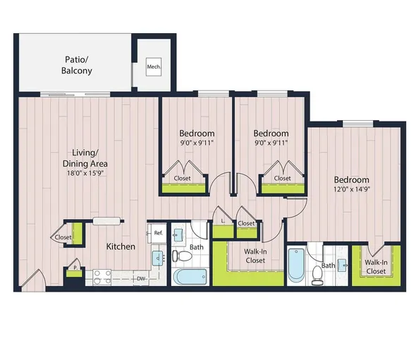 C2-60 Three Bedroom Floor Plan | Creekside Village Apartments | Alexandria VA Apartments
