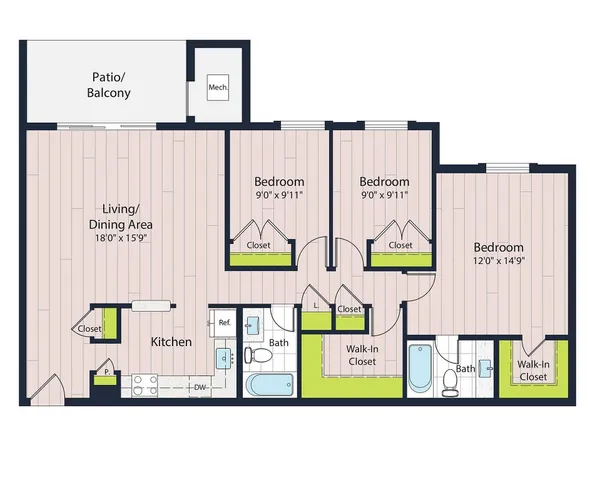 C2-70 Three Bedroom Floor Plan | Creekside Village Apartments | Alexandria VA Apartments
