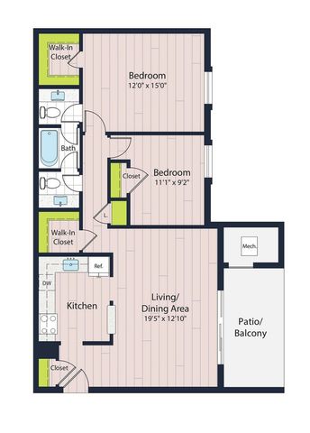 B1-60 Two Bedroom Floor Plan | Creekside Village Apartments | Affordable Alexandria VA Apartments