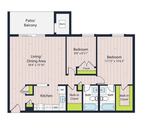 B2-60 Two Bedroom Floor Plan | Creekside Village Apartments | Affordable Alexandria VA Apartments