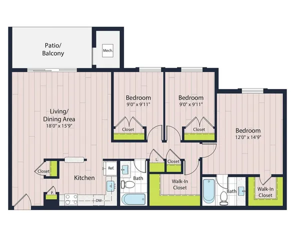 C1-60 Three Bedroom Floor Plan | Creekside Village Apartments | Affordable Alexandria VA Apartments