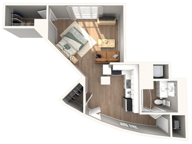 Chic 3D floor plan featuring a cozy bedroom, modern kitchen, and inviting living area with natural light.