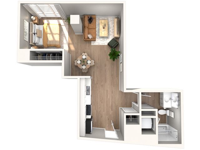 Modern L-shaped apartment floor plan with sunlit bedroom, cozy living room, dining area, efficient kitchen, and elegant bathroom.
