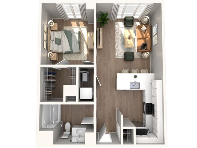 Modern apartment floor plan showcasing a bedroom, cozy living area, sleek kitchen, and elegant bathroom.