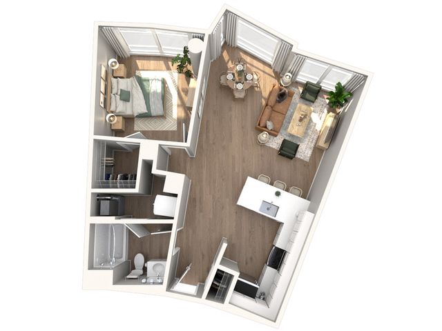 Chic 1-bedroom floor plan with expansive living room, open kitchen layout, abundant natural light, and modern finishes.