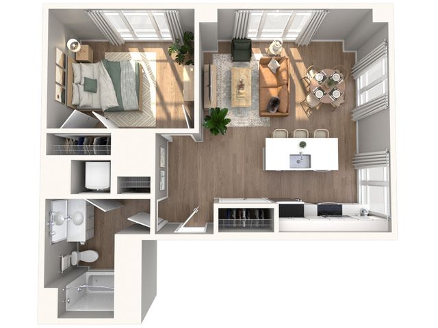 Chic open-concept floor plan showcasing a cozy bedroom, modern kitchen with breakfast bar, and stylish living area.