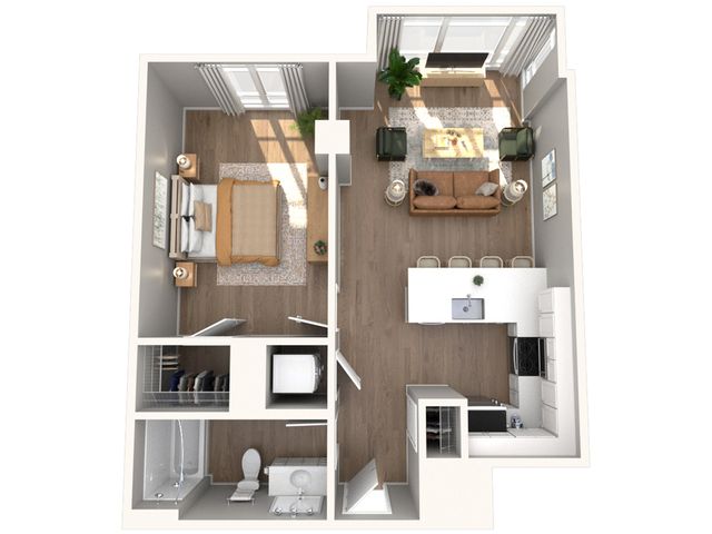 Modern apartment floor plan showcasing one bedroom, an open kitchen with island seating, and a cozy living room with natural light.
