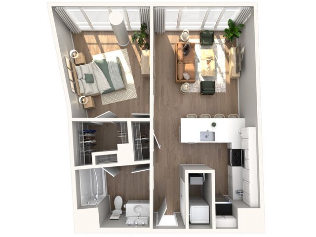 Modern 1-bedroom apartment floor plan with open-concept living and kitchen area, stylish bedroom, and inviting living space with natural light.