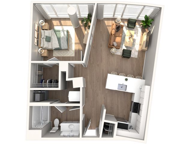 Chic 3D floor plan showcasing a modern apartment with one bedroom, open-concept living area, and sleek kitchen design.