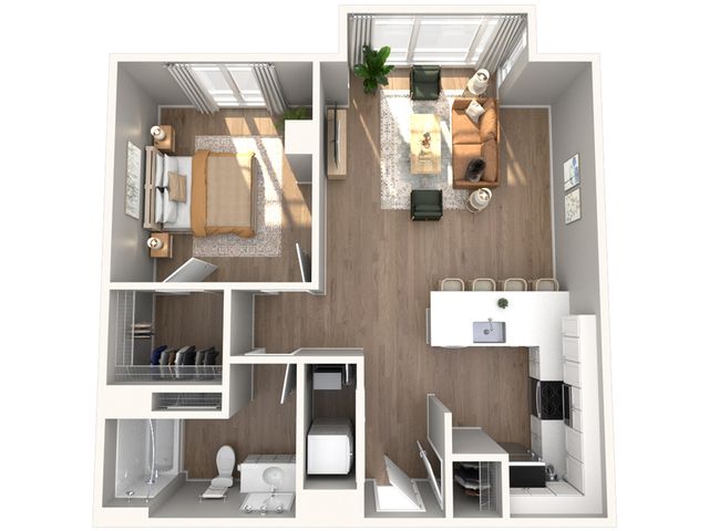 Modern 3D floor plan showcasing a stylish 1-bedroom apartment with an open-concept living area and a sleek kitchen. Includes a spacious bathroom and ample closet space for convenience.