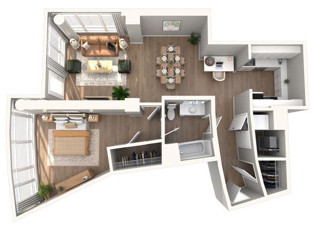 Elegant apartment floor plan featuring a spacious bedroom, modern open-concept living and dining area, and a sleek kitchen with ample cabinetry.