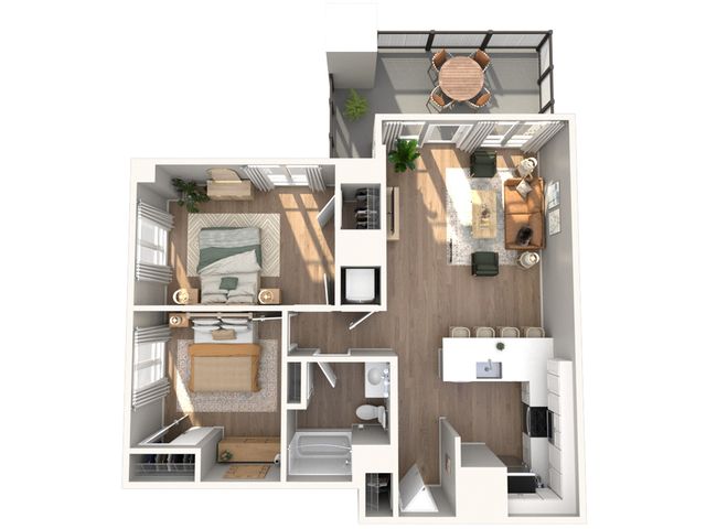 Modern 3D floor plan showcasing 2 bedrooms, an inviting open-concept living area, a sleek kitchen with island seating, and a cozy outdoor balcony.