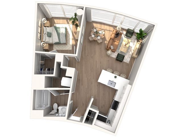 Modern apartment floor plan with one bedroom, open kitchen with island, spacious living area, and a sleek bathroom. Abundant natural light highlights elegant hardwood flooring and contemporary design.