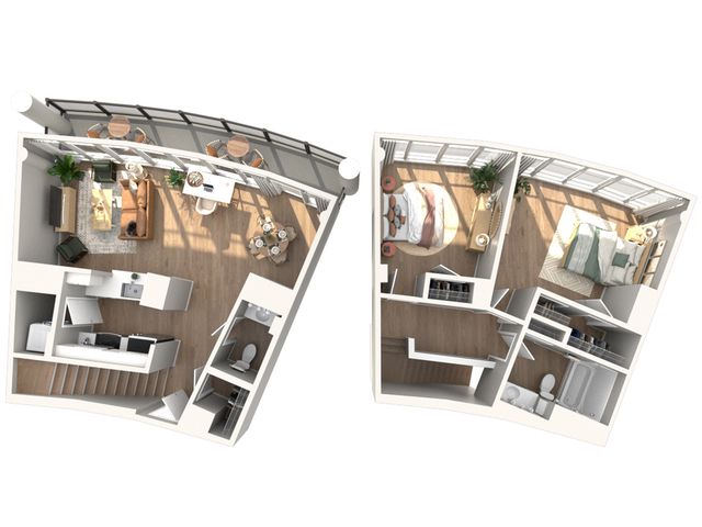 Bright and modern 3D floor plan displaying two spacious bedrooms, a cozy living room, and a chic dining area with large windows and ample natural light.