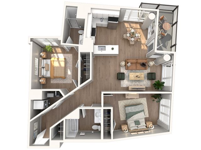 Modern 3D floor plan showcasing two spacious bedrooms, a cozy living area, and a stylish open-concept kitchen, featuring natural light and a private balcony.