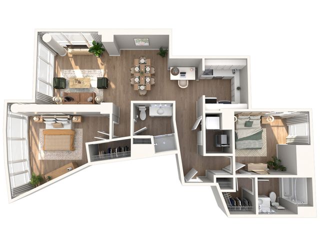 Modern 3D apartment floor plan showcasing two spacious bedrooms, a chic living room with large windows, dining area, and a sleek kitchen.