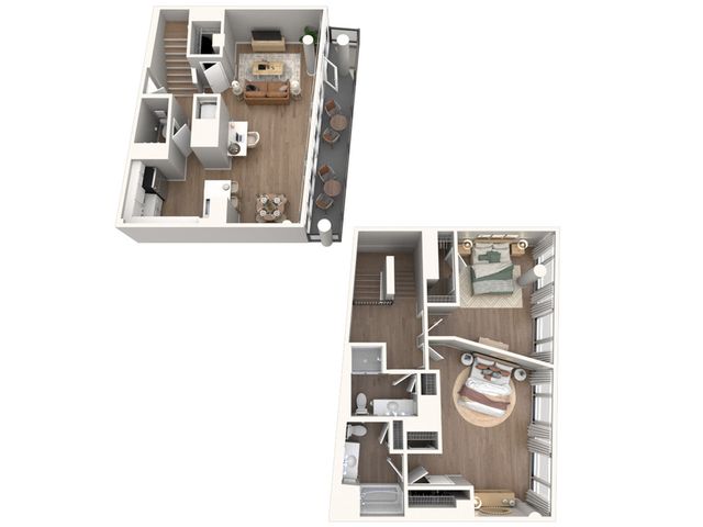 Chic 3D floor plan showcasing a modern two-story apartment with an open living area, cozy bedrooms, and elegant bathrooms.