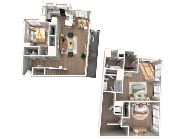 Modern two-story floor plan showcasing two bedrooms, an elegant open-concept living and dining area, and a stylish kitchen with ample natural light.