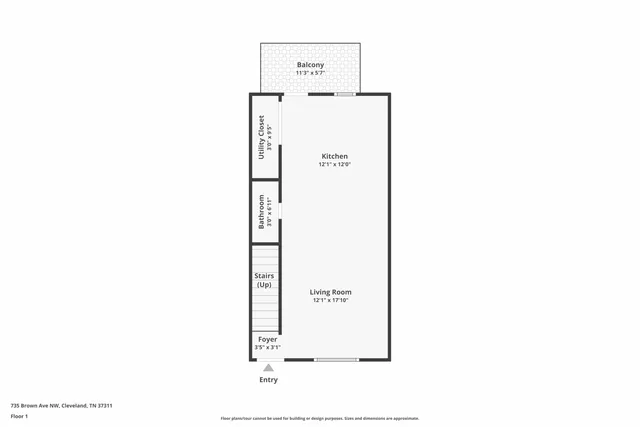 Elegant floor plan of a Cleveland apartment featuring a spacious open-concept living room and kitchen, a cozy balcony, utility closet, bathroom, and welcoming foyer with stairs leading up.