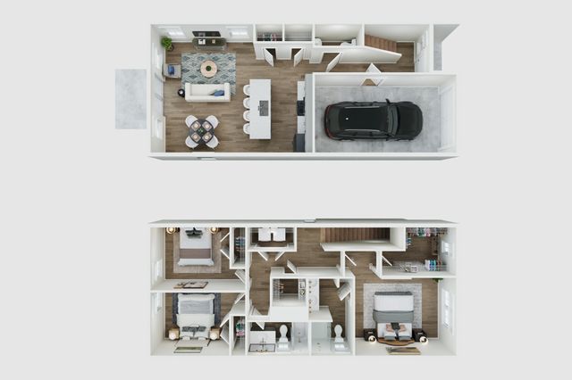 Modern two-story floor plan featuring three elegant bedrooms, an open living and dining area, sleek kitchen with island seating, and a convenient garage.