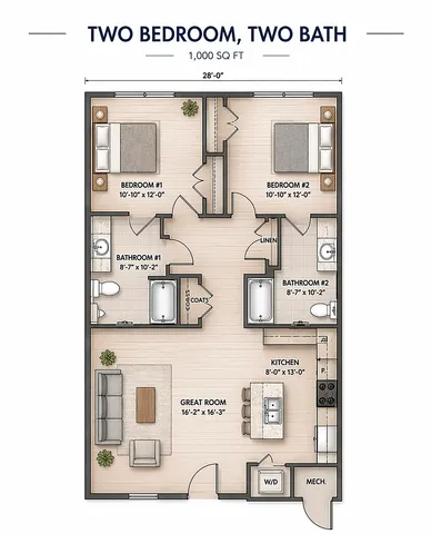 2 bed 2 bath 1000 sq ft