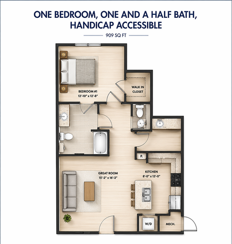 1 bed 1.5 bath 909 sq ft