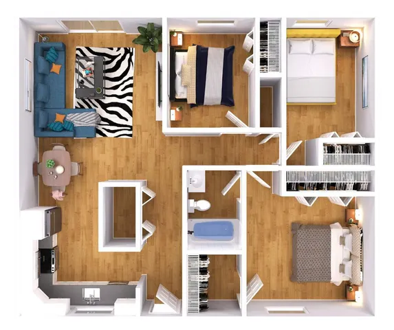 Chic 3-bedroom apartment floor plan showcasing a modern open-concept living area, cozy bedrooms, and a stylish kitchen.