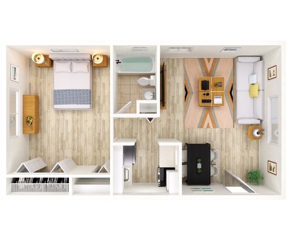 Elegant 1-bedroom apartment floor plan featuring a modern open-concept living room, a cozy dining area, and a sleek kitchen. Includes a stylish bathroom and spacious closet, complemented by natural wood flooring.
