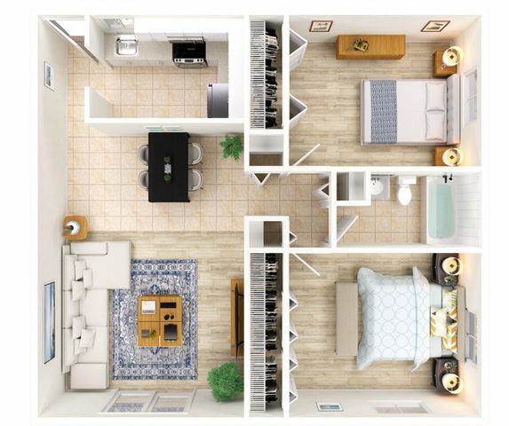 Elegant 2D floor plan displaying a chic two-bedroom apartment with modern kitchen, cozy living room, and well-appointed bathroom.