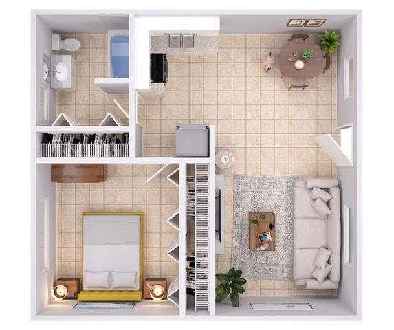 Chic open-concept floor plan with a cozy bedroom, inviting living area, modern kitchen, and sleek dining space.