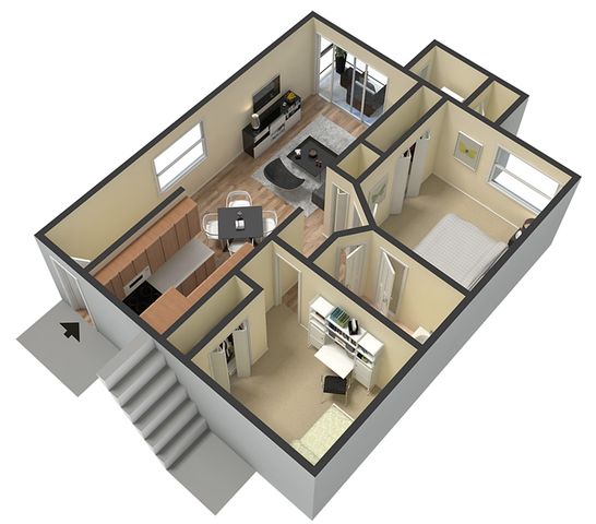 Charming 3D apartment layout featuring cozy living room, modern kitchen, two spacious bedrooms, and a welcoming entryway.
