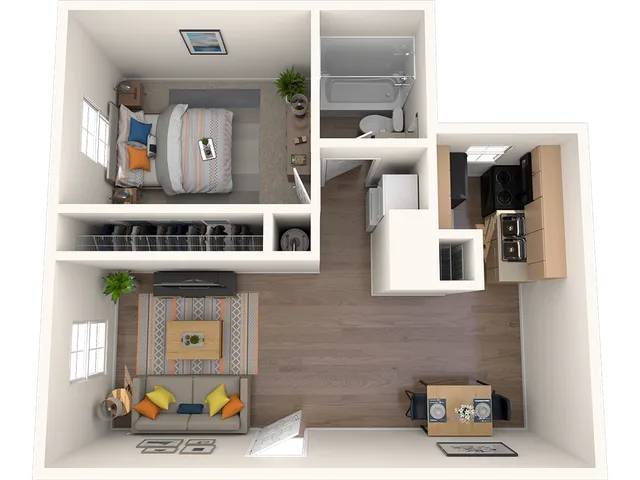 Inviting 3D floor plan featuring a cozy bedroom, modern kitchen, and intimate living area with vibrant decor.