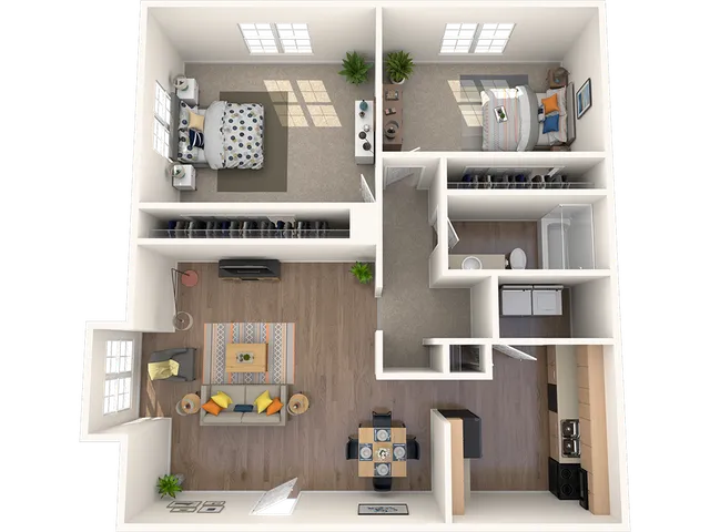 Charming 2D floor plan showcasing 2 bedrooms, cozy living room, modern kitchen, and intimate dining area.