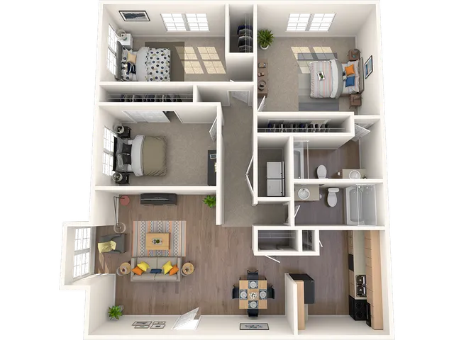 Modern 3D floor plan showcasing 3 bedrooms, inviting living space, elegant kitchen, and 2 full bathrooms with stylish finishes.