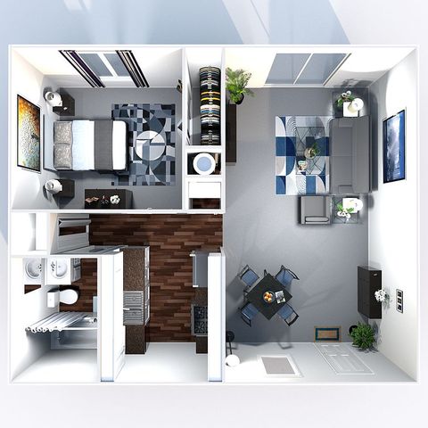 Modern 2D floor plan of a one-bedroom apartment featuring a stylish open-concept living room, sleek kitchen, and elegant bathroom.