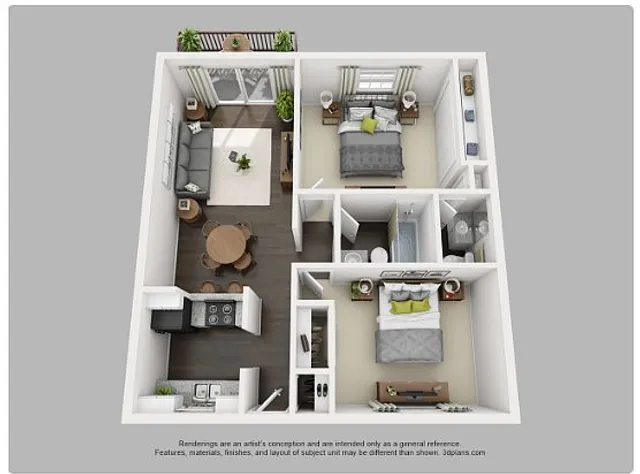 Charming 3D floor plan with two cozy bedrooms, a modern kitchen, inviting living area, and elegant dining space, all leading to a private balcony.