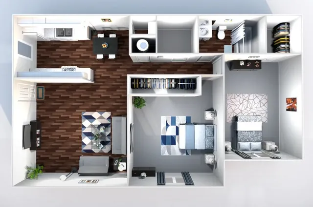 Contemporary apartment floor plan showcasing two spacious bedrooms, an elegant open living and dining area, and a sleek modern kitchen.