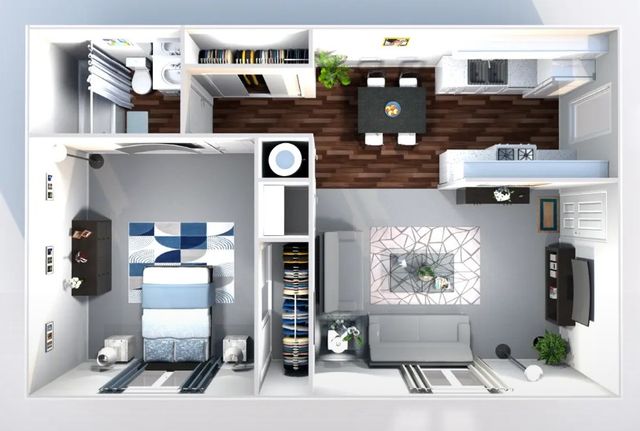 Modern 1-bedroom apartment floor plan featuring an open-concept kitchen, cozy dining area, and stylish living room. Ideal for city living.