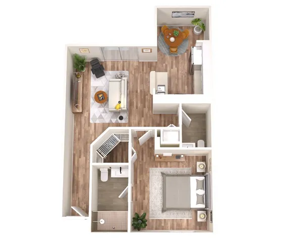Contemporary 1-bedroom apartment layout with open-plan living, elegant kitchen, and cozy dining area.