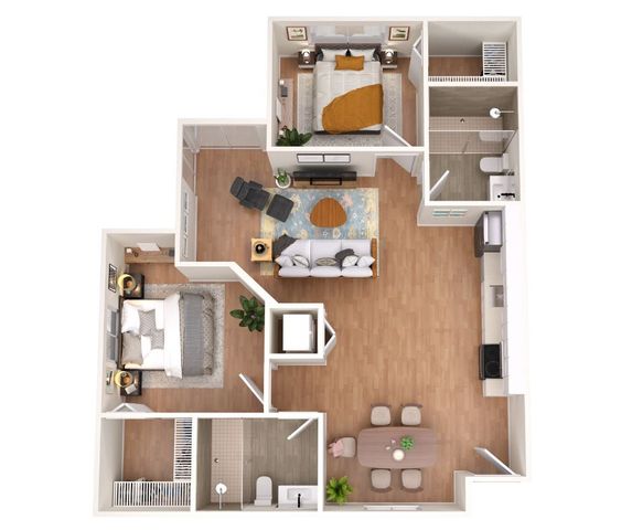 Contemporary 1-bedroom apartment layout with open-plan living, elegant kitchen, and cozy dining area.