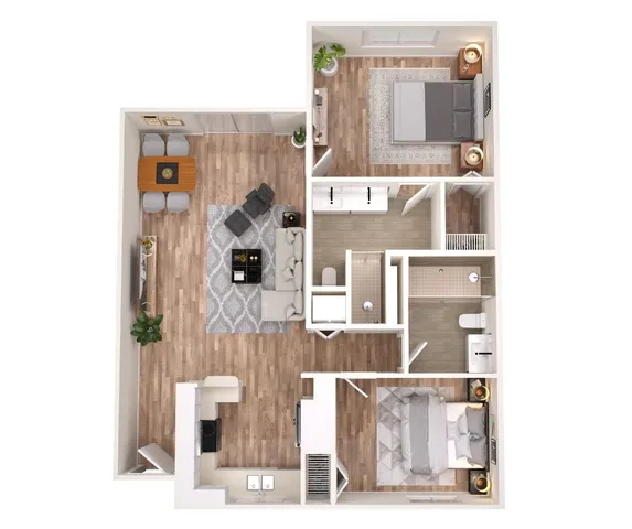 Inviting 3D floor plan featuring 2 elegant bedrooms, an open-concept living and dining area, and a modern kitchen with ample storage.